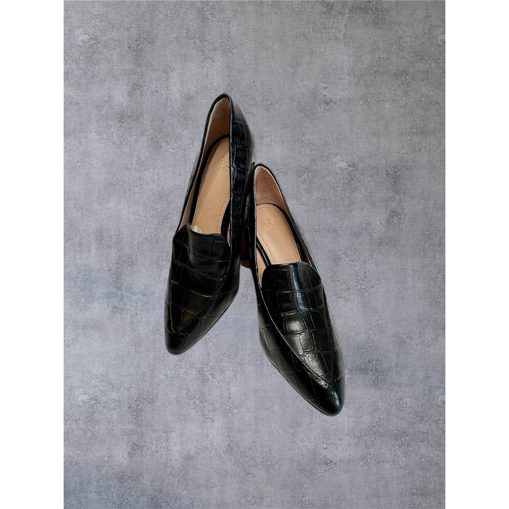 NWT A.D. & Daughters Block 3.25" Heel Loafers Womens 8 Black Croc Leather
